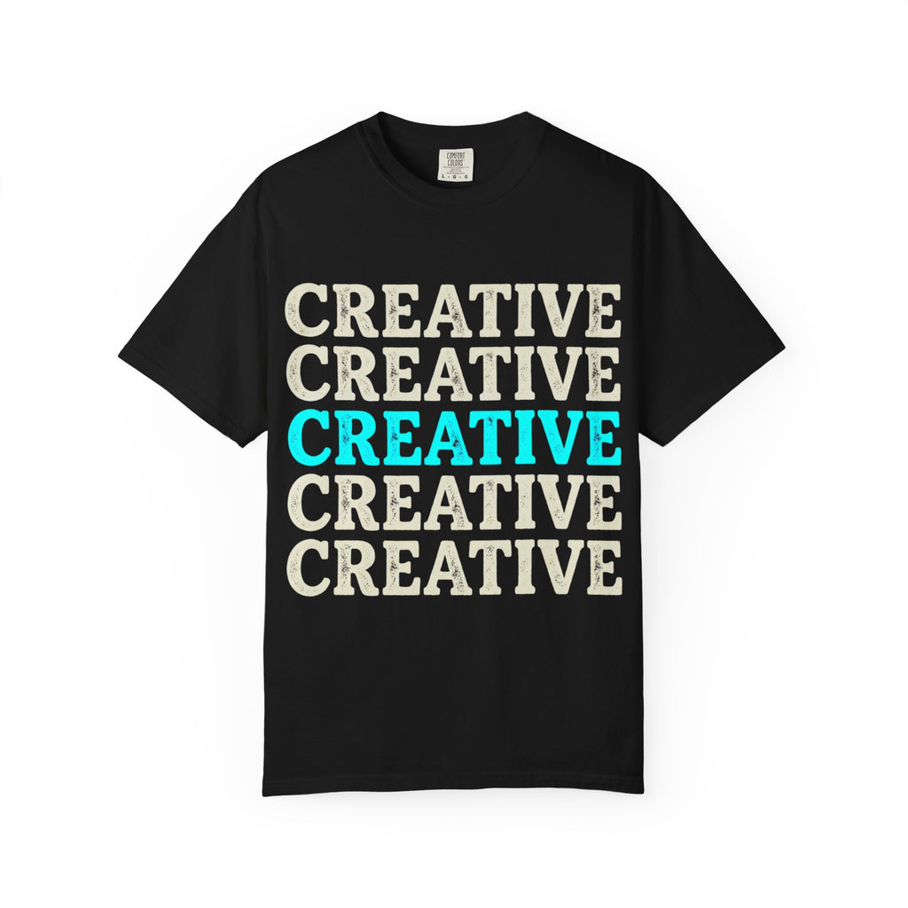 Creative Repeated Text T-Shirt — Bold Retro Graphic Tee for Artists & Designers
