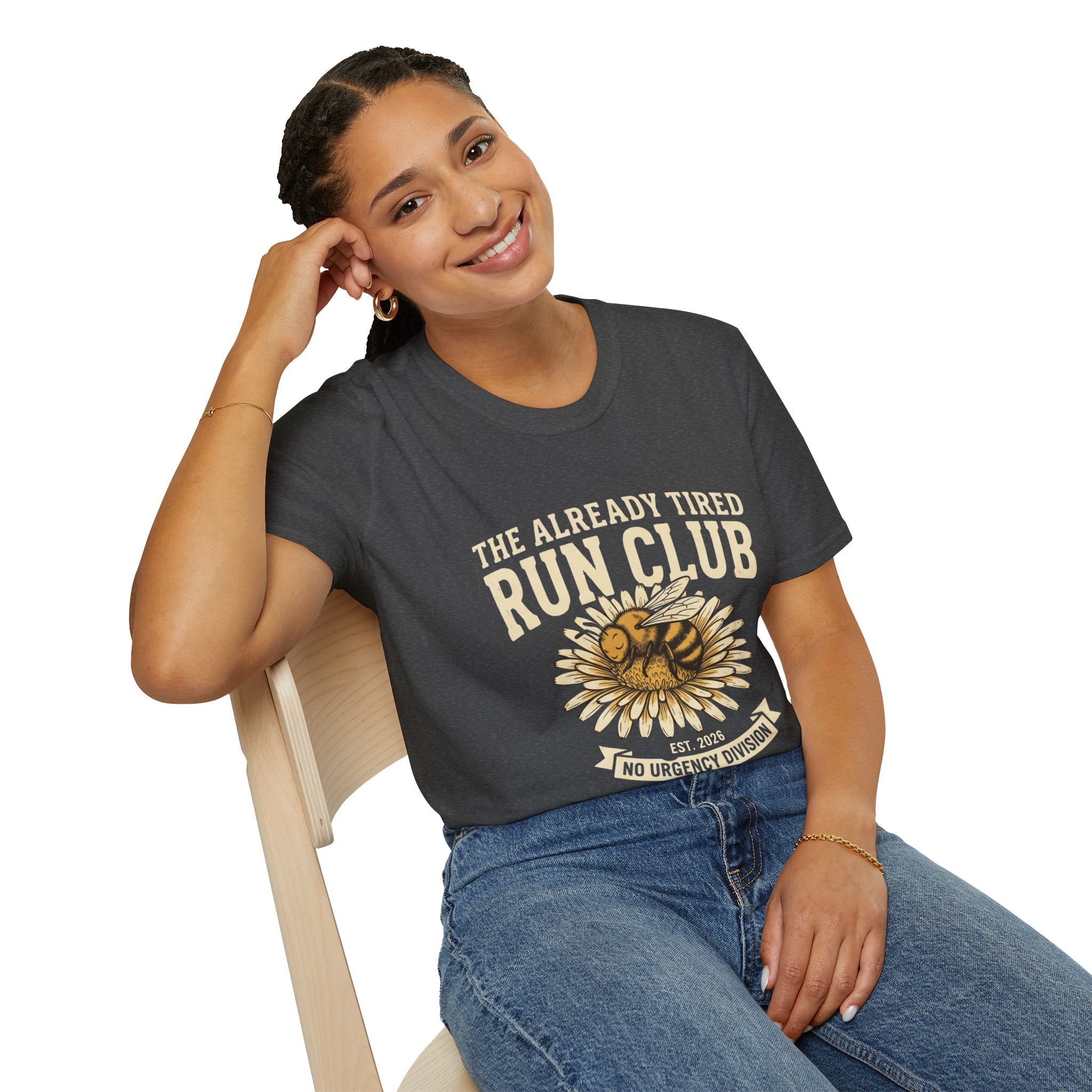 The Already Tired Run Club T-Shirt – Funny Running Shirt with Sunflower & No Urgency Slogan