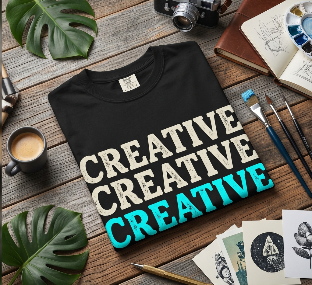Creative Repeated Text T-Shirt — Bold Retro Graphic Tee for Artists & Designers