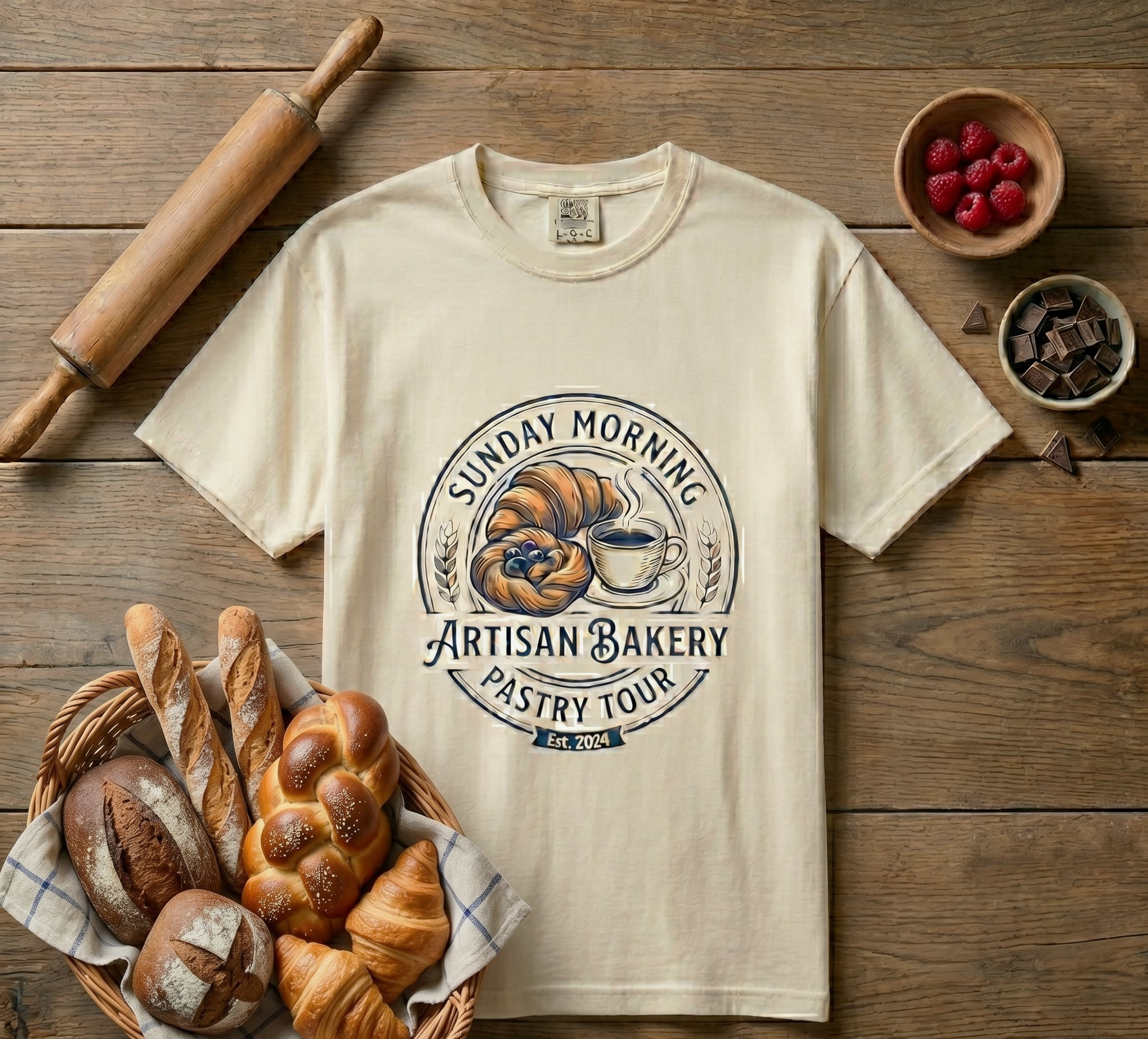 Pastry Tour Tee — "Sunday Morning Artisan Bakery" Croissant & Espresso Graphic Shirt