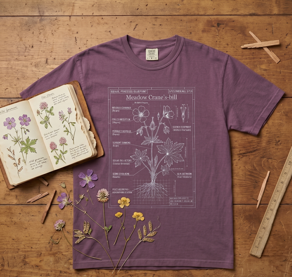 Meadow Cranesbill Botanical T-Shirt — Vintage Floral Diagram Tee